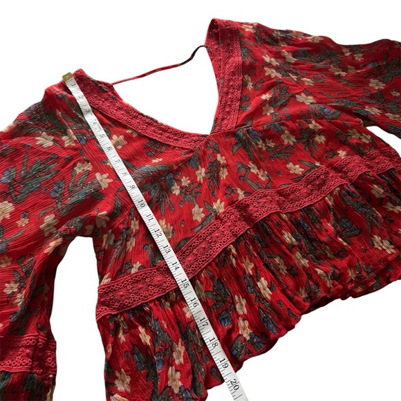 Free People Bright Lights Red Floral Chiffon Boho Peplum Top | S - Picture 9 of 10